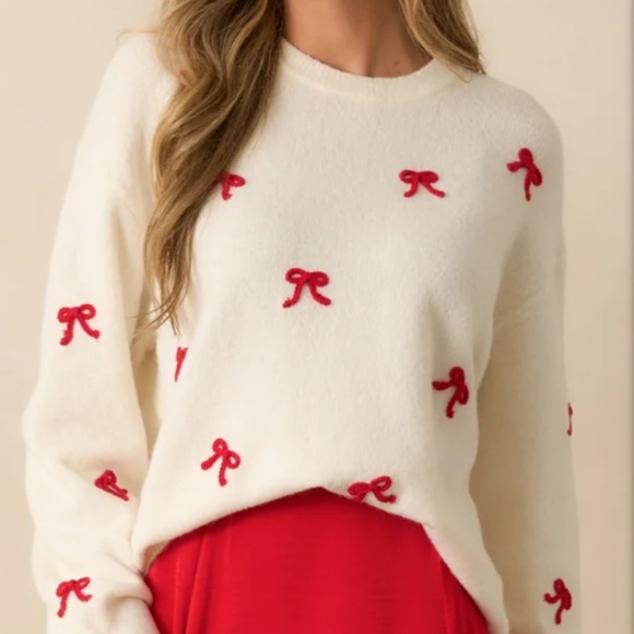 Z Supply Cream Sweater with Red Bow Details - Picture 2 of 6